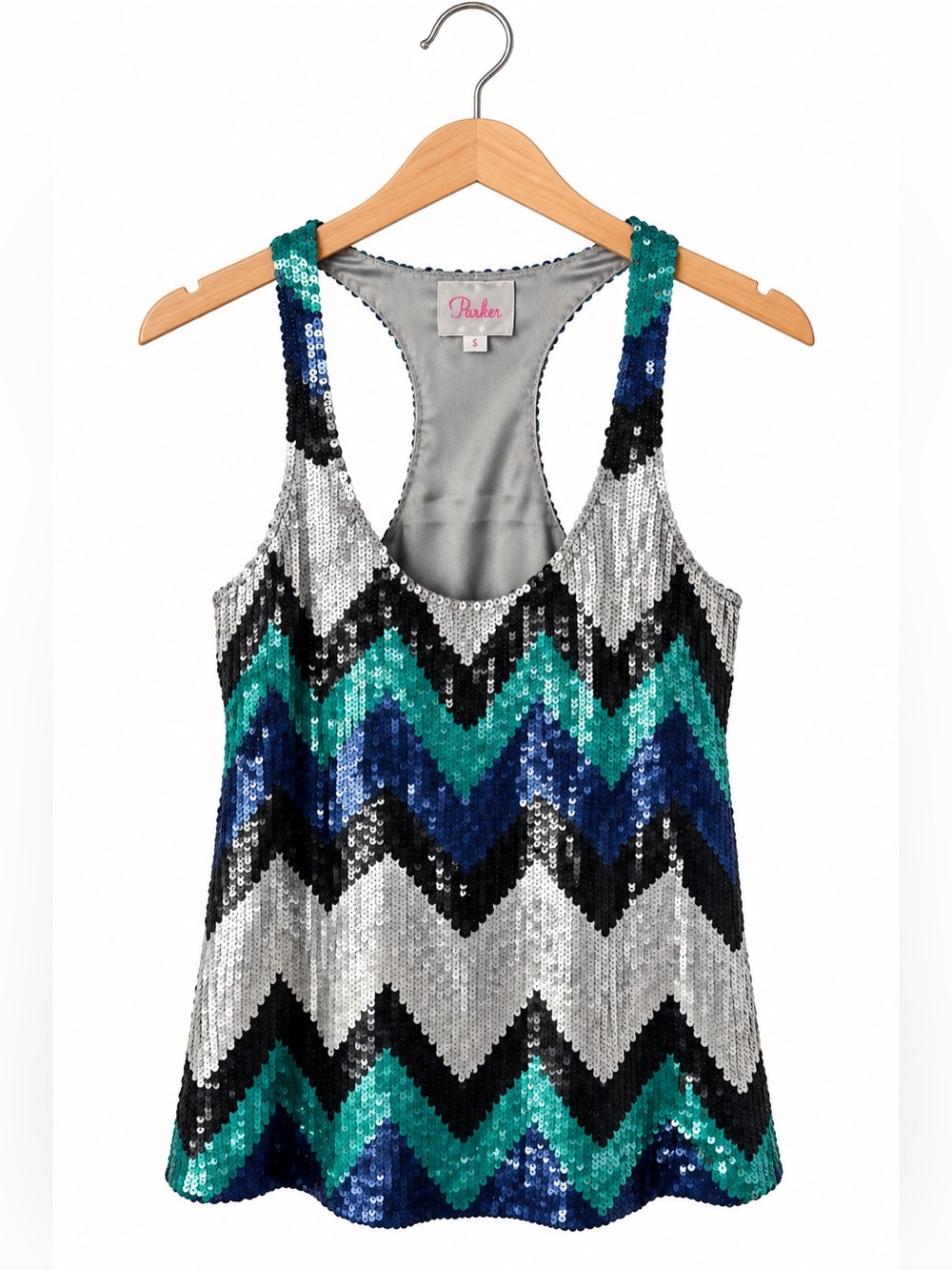 Parker Multicolor Sequin Chevron Tank Small Blue Green Silver Black Party Top